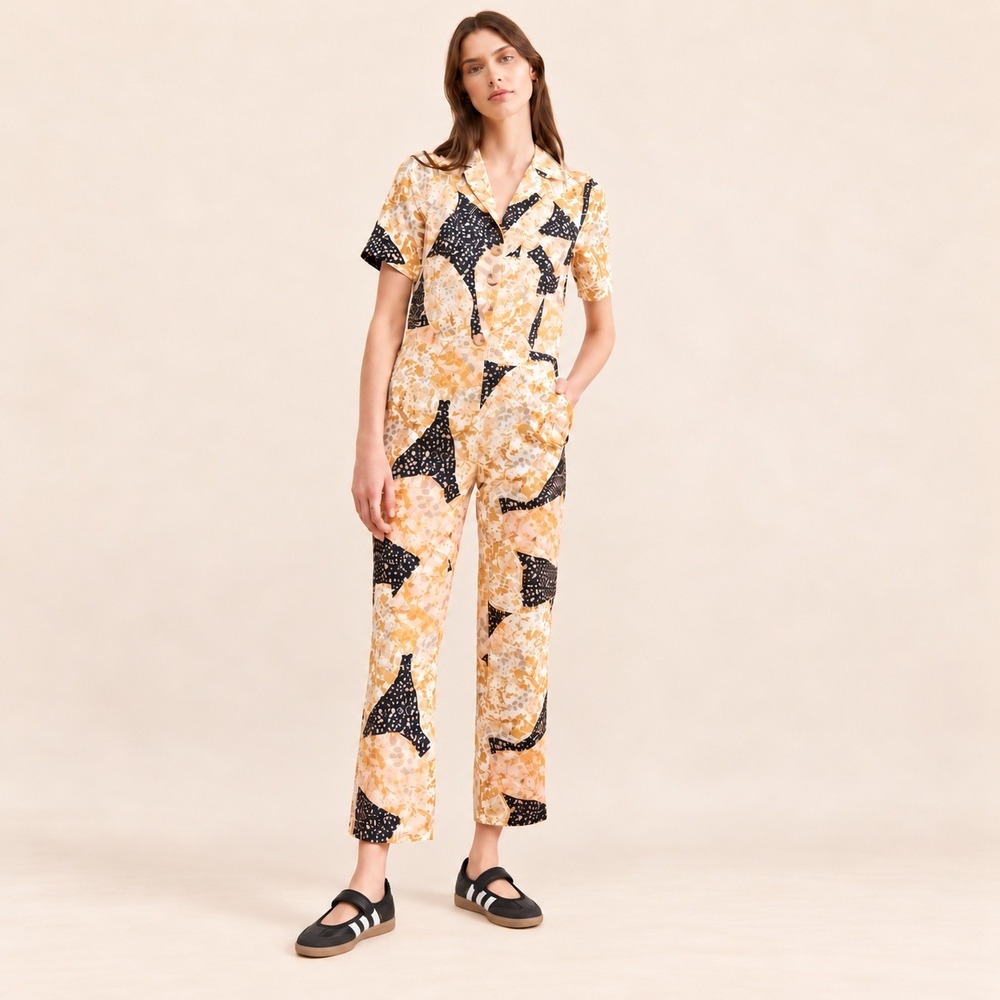 Greylin Patchwork Floral Jumpsuit Gold Black Short Sleeve Button Down Size M